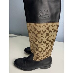 Coach Chrissi Riding Boots 7.5B Black Leather Brown Signature‎ Logo Tall Boots